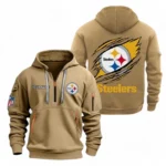 Athletic Half-Zip Hoodie, Team-Style Logo Print Hoodie Gift For Football Fans NFL700 - Khaki