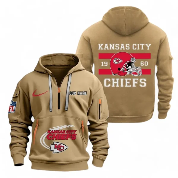 Athletic Half-Zip Hoodie, Team-Style Logo Print Hoodie Gift For Football Fans NFL780 - Khaki