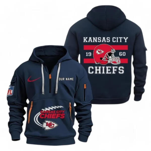 Casual Sports Hoodie Half Zipper, Modern Logo Detail Printing NFL780 - Navy