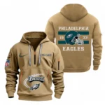 Lightweight Sports Hoodie Half Zipper, Unique Logo Print NFL780 - Khaki