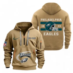 Lightweight Sports Hoodie Half Zipper, Unique Logo Print NFL780 - Khaki
