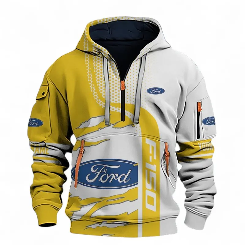 American Car Hoodie Half Zip 3D, Everyday Casual Hoodie For Car Lovers CAR396 - Yellow