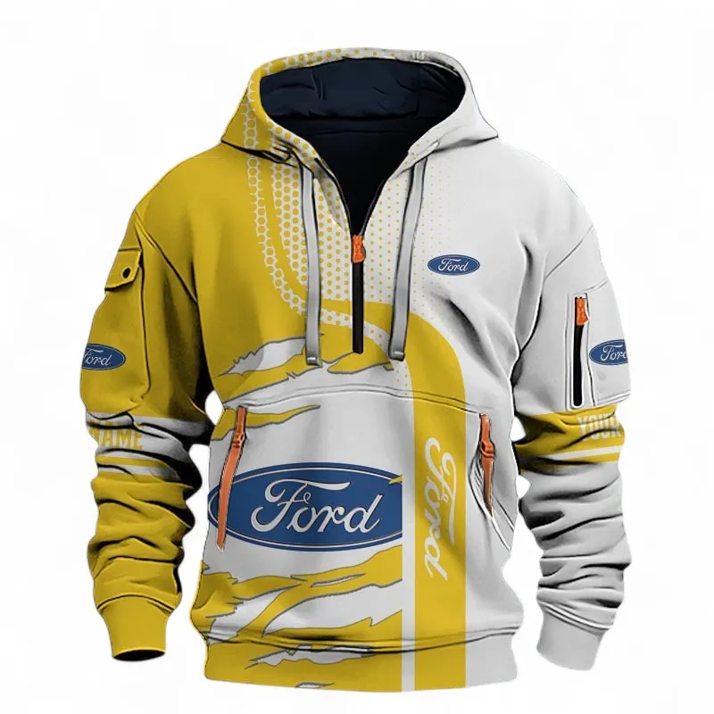 American Classic Hoodie Half Zip 3D, Sporty Urban Hoodie Style For Car Lovers CAR396 - Yellow