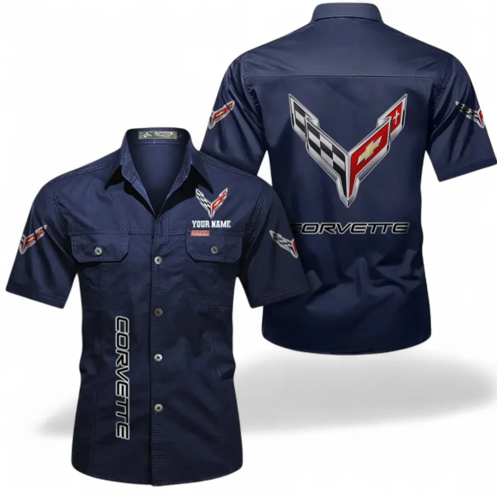 American Iconic Sports Car Men's Short Sleeve Button-Up Shirt, Custom Name CAR392 - Dark Blue