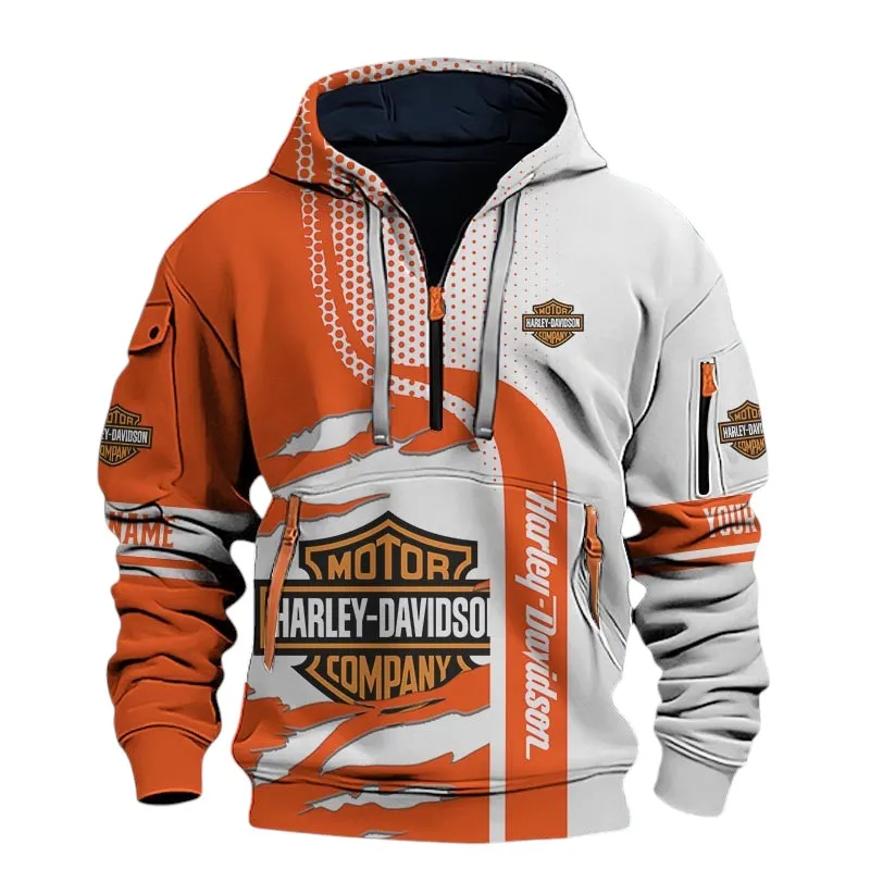 Biker Icon Hoodie Half Zip 3D, Sporty Urban Comfort Hoodie For Car Lovers CAR398 - Orange