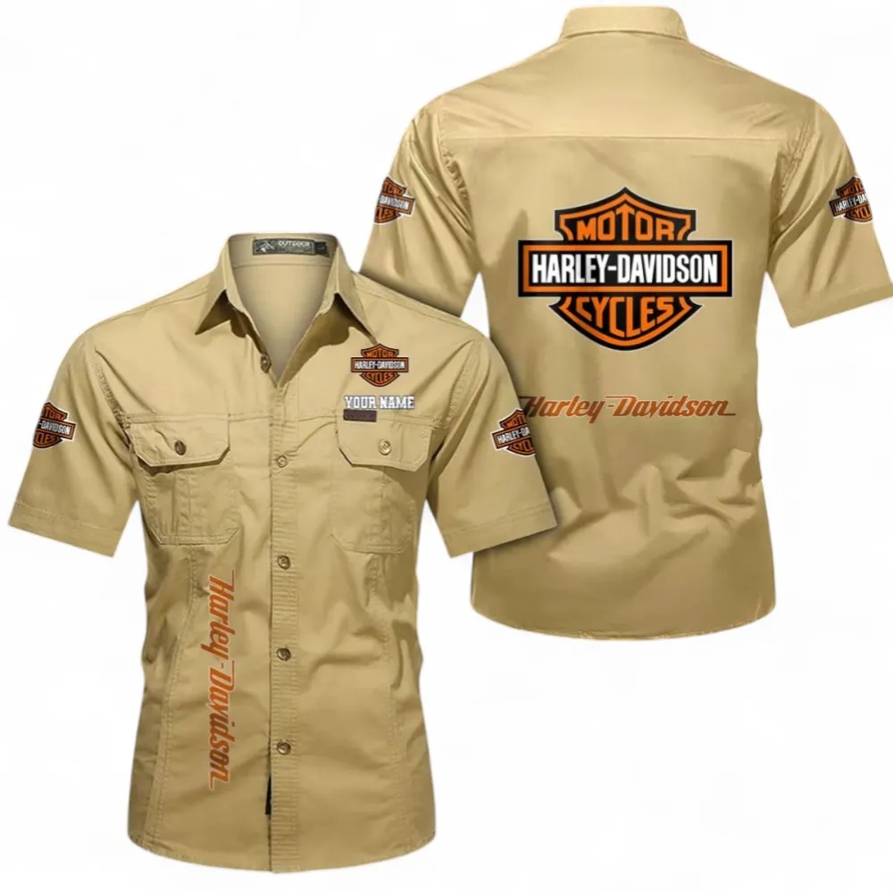 Biker Icon Men's Short Sleeve Cotton Button Shirt, Custom Name CAR392 - Khaki