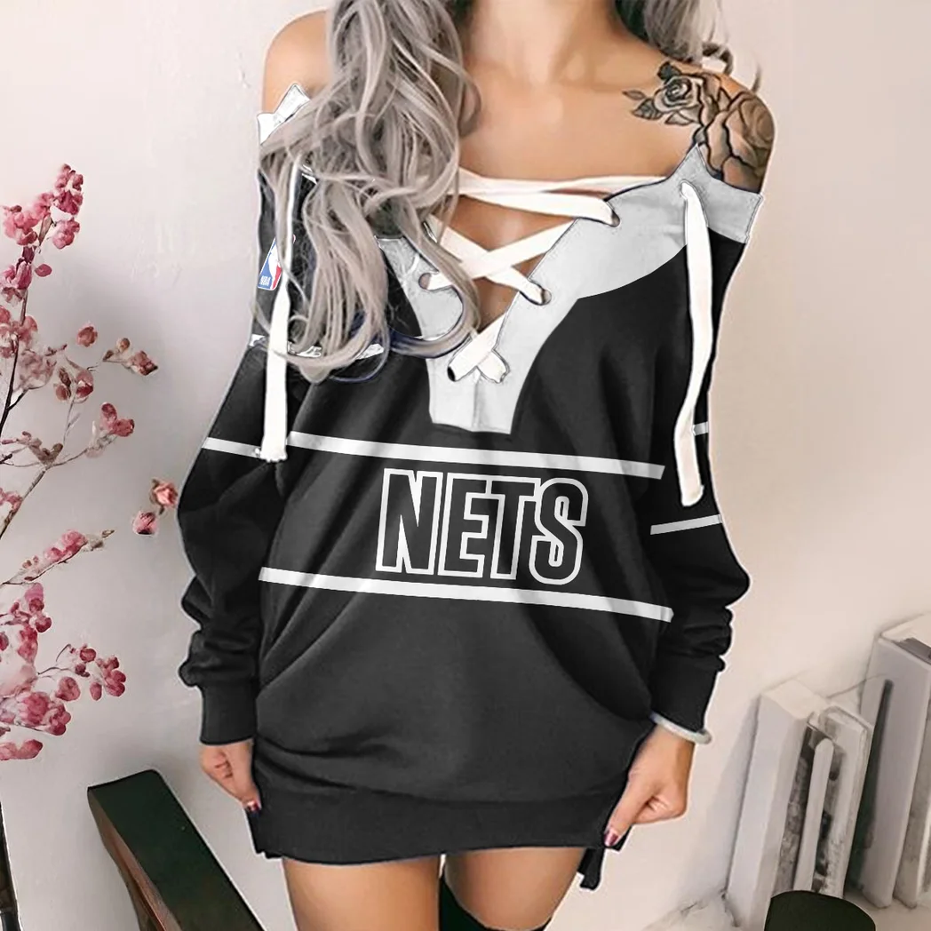Bold Basketball Culture Lace-Up Sweatshirt For Women, Sporty Chic Hoodie Dress HVN1275