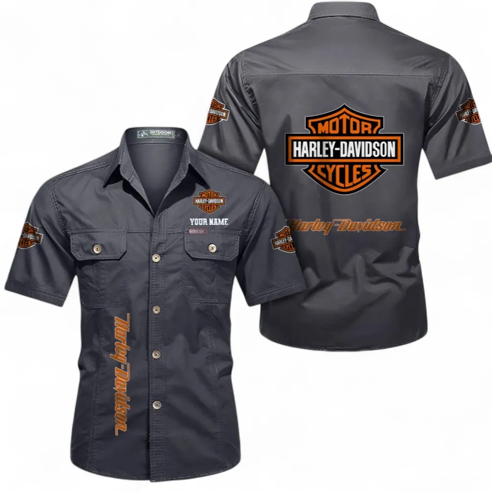 Chopper Style Cotton Short Sleeve Shirt, Custom Name CAR392 - Gray