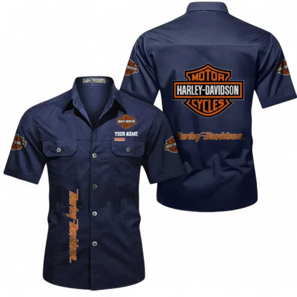 Chopper Style Lightweight Men's Short Sleeved Cotton Shirt, Custom Name CAR392 - Dark Blue