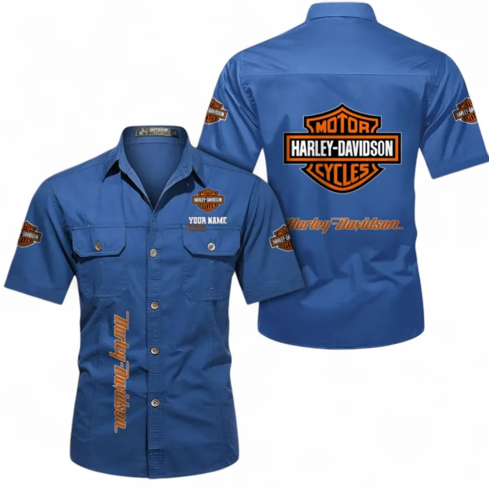 Chopper Style Short Sleeve Cotton Shirt, Custom Name CAR392 - Cowboy Blue