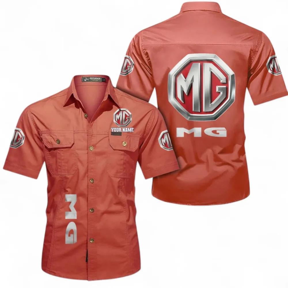 Classic British Car Lightweight Men's Cotton Short Sleeve Shirt, Custom Name CAR392 - Red