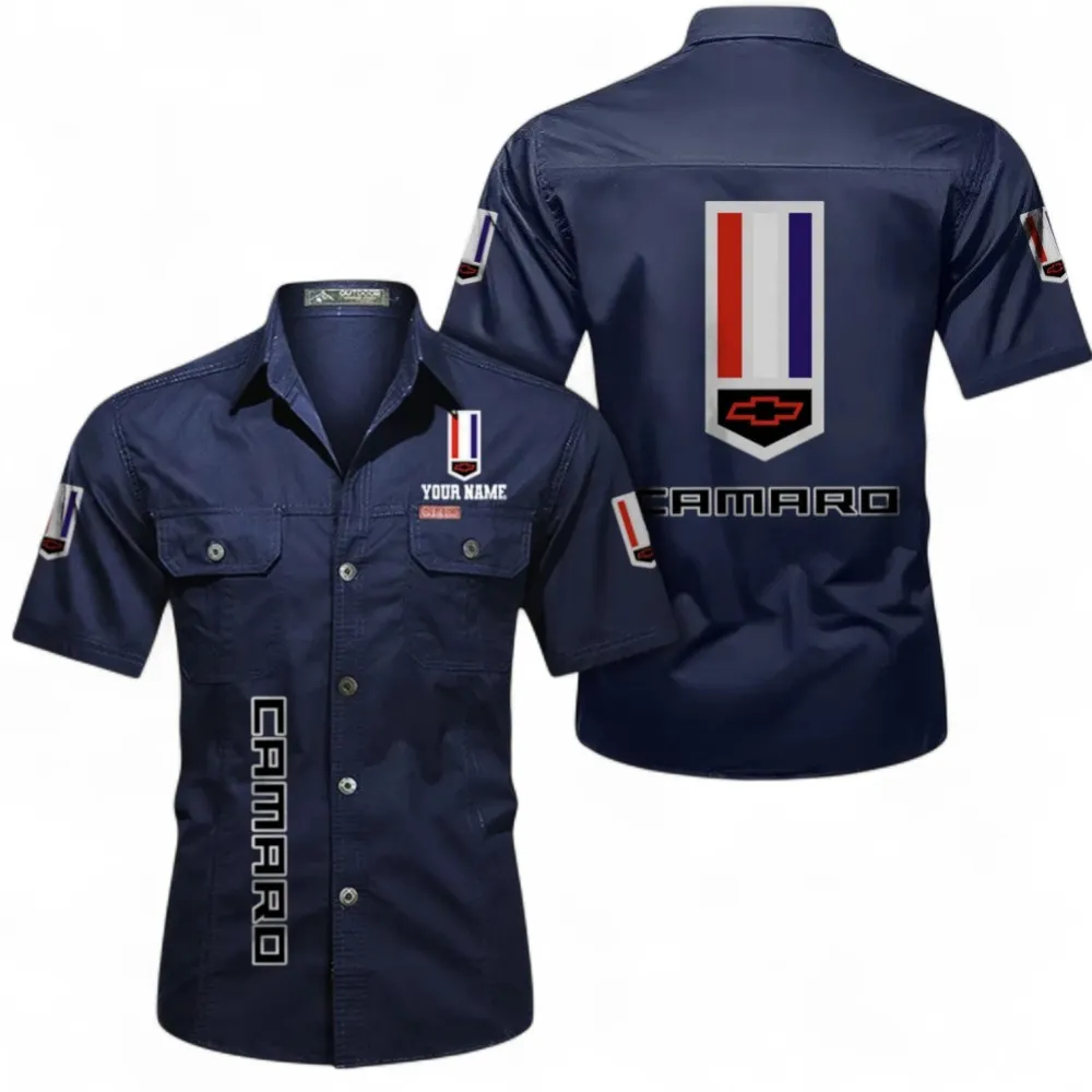 Classic Sports Coupe Men's Short Sleeve Button-Up Shirt, Custom Name CAR392 - Dark Blue