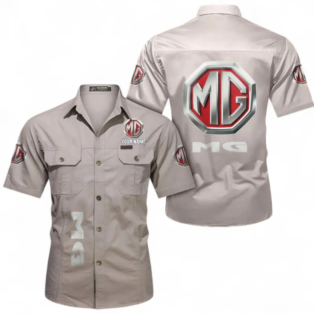 Collector’s Auto Classic Men's Short Sleeve Cotton Shirt, Custom Name CAR392 - Beige