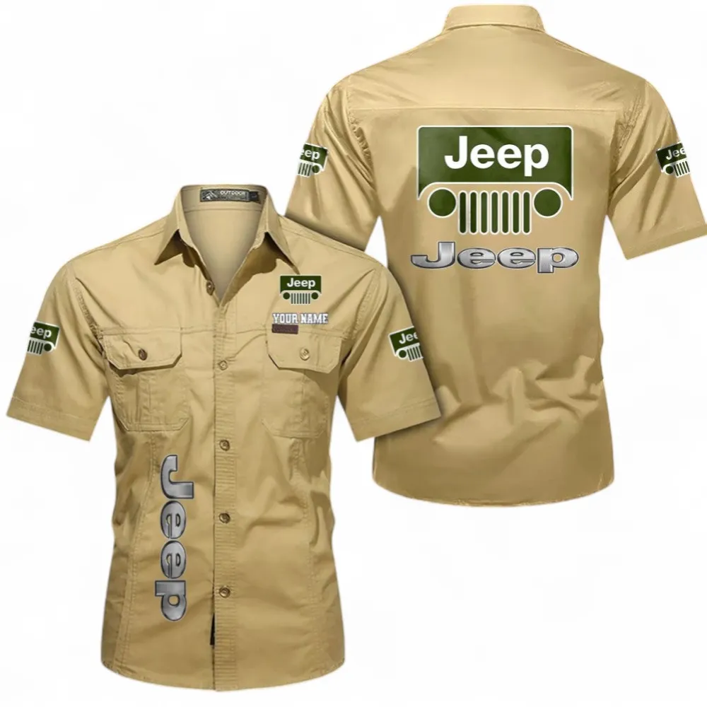 Compact Off-Road Vehicle Men's Short Sleeve Cotton Button Shirt, Custom Name CAR392 - Khaki
