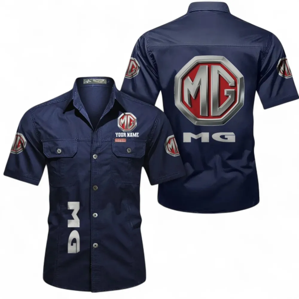 Compact Roadster Men's Short Sleeve Button-Up Shirt, Custom Name CAR392 - Dark Blue
