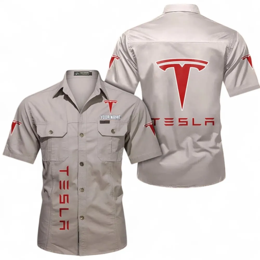 Eco-Friendly Car Classic Men's Short Sleeve Cotton Shirt, Custom Name CAR392 - Beige