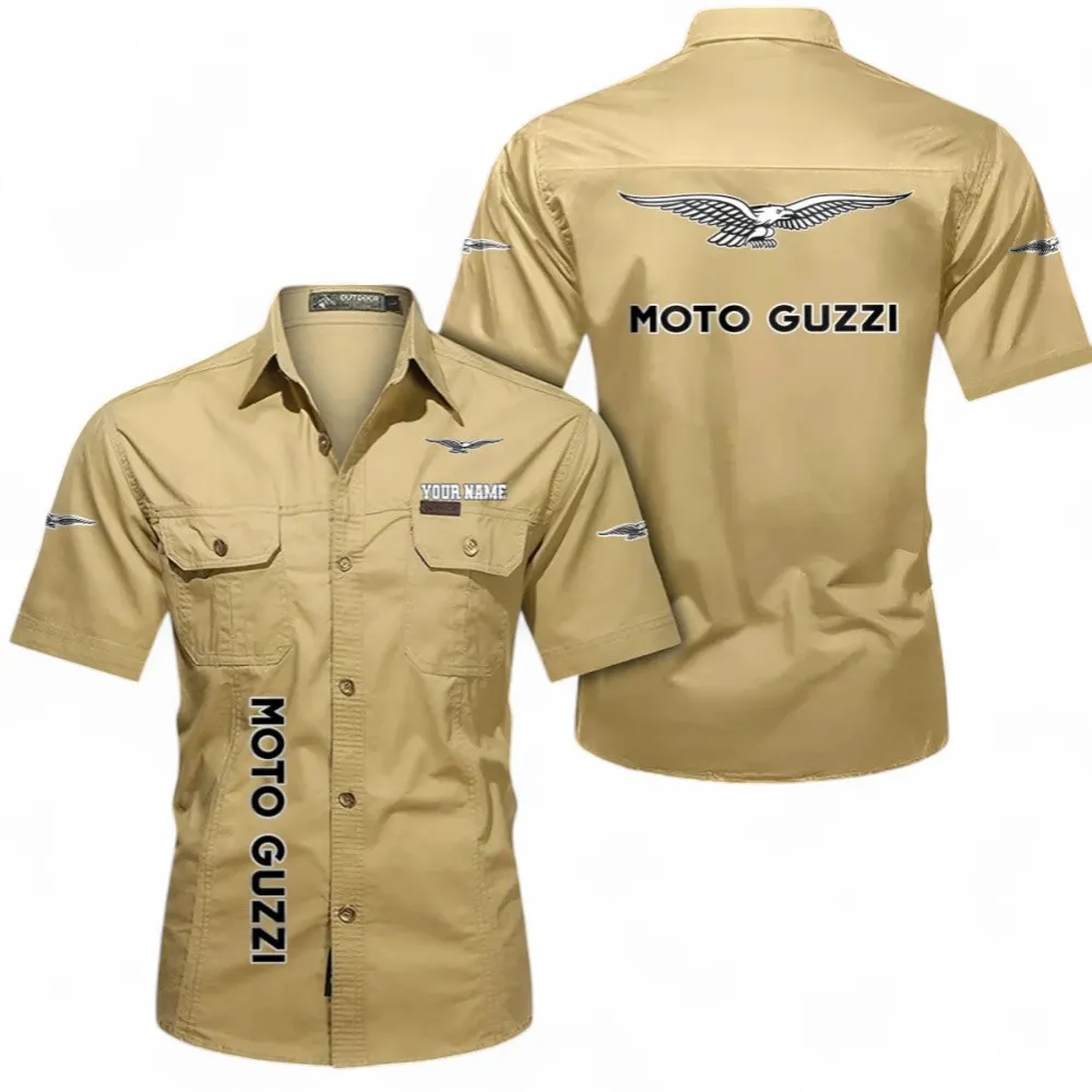 European Motorbike Men's Short Sleeve Cotton Button Shirt, Custom Name CAR392 - Khaki