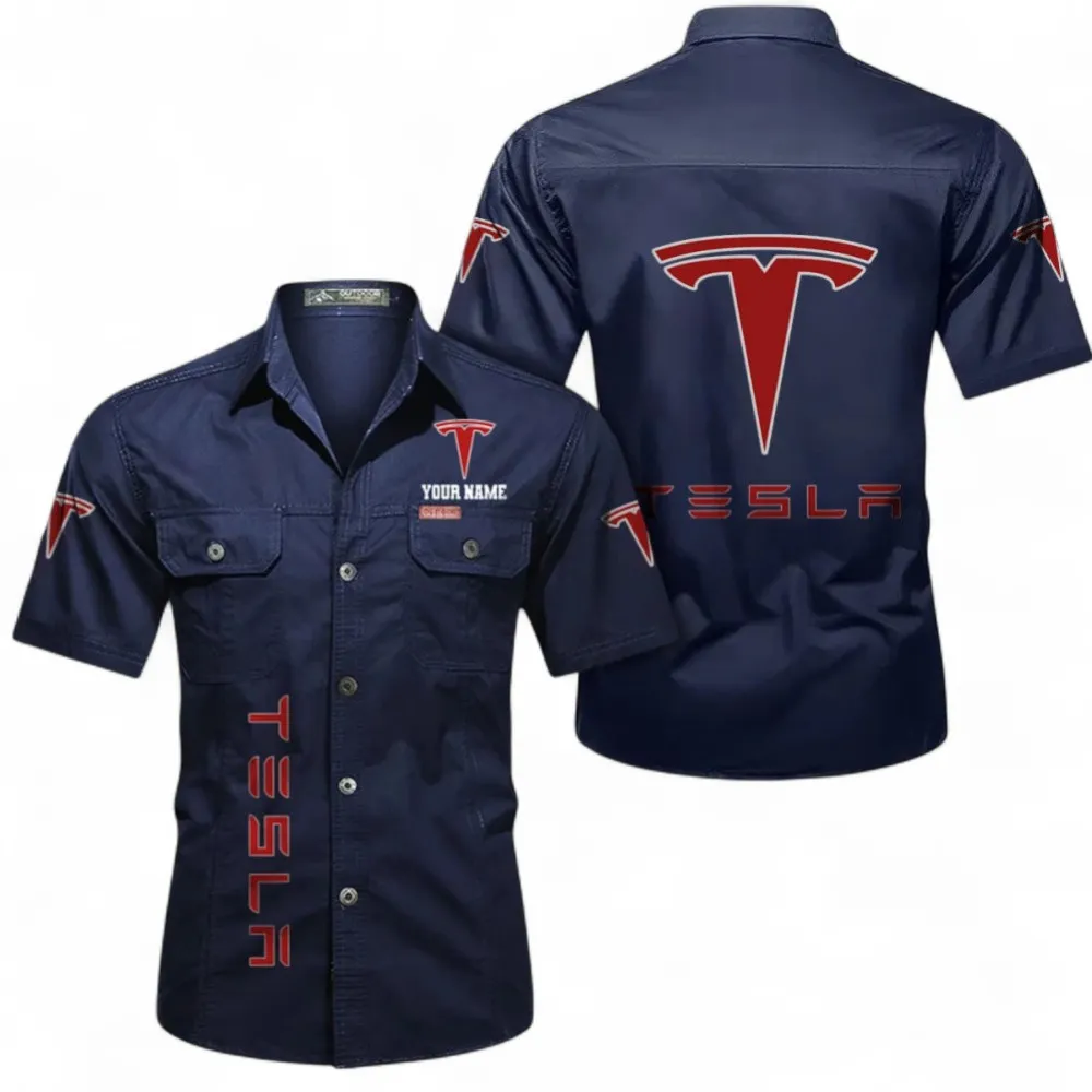 EV Sedan Men's Short Sleeve Button-Up Shirt, Custom Name CAR392 - Dark Blue