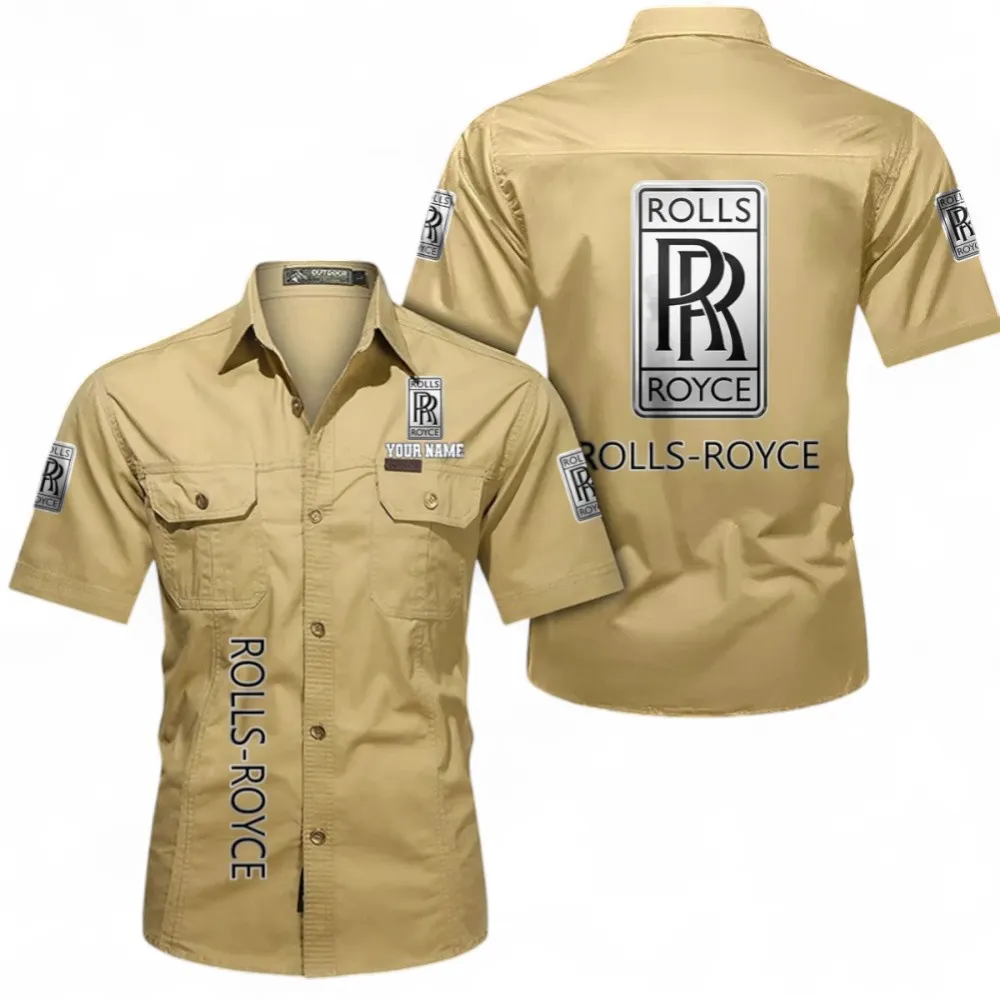 Exotic Luxury Ride Men's Short Sleeve Cotton Button Shirt, Custom Name CAR392 - Khaki