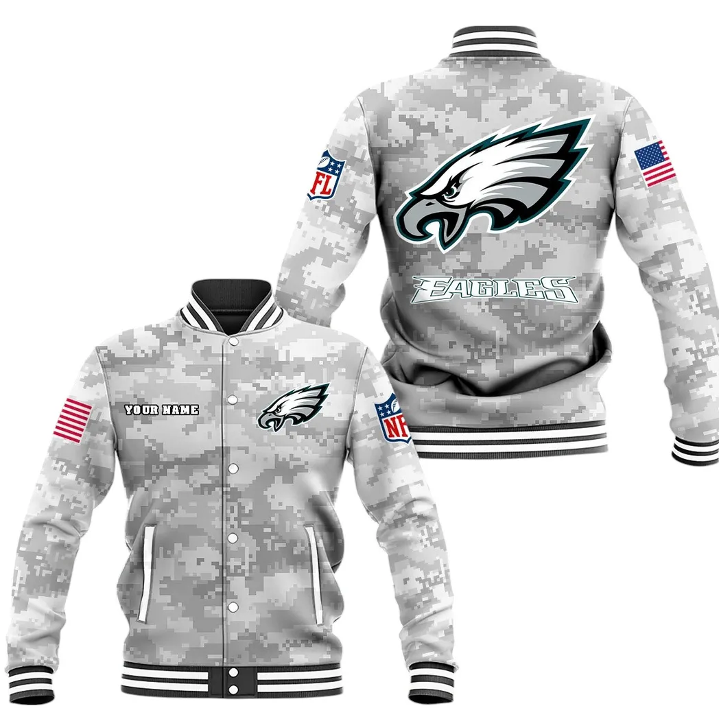 Football Eagle Crew Baseball Jacket, Game-Day Varsity Outerwear DNFL128 - White