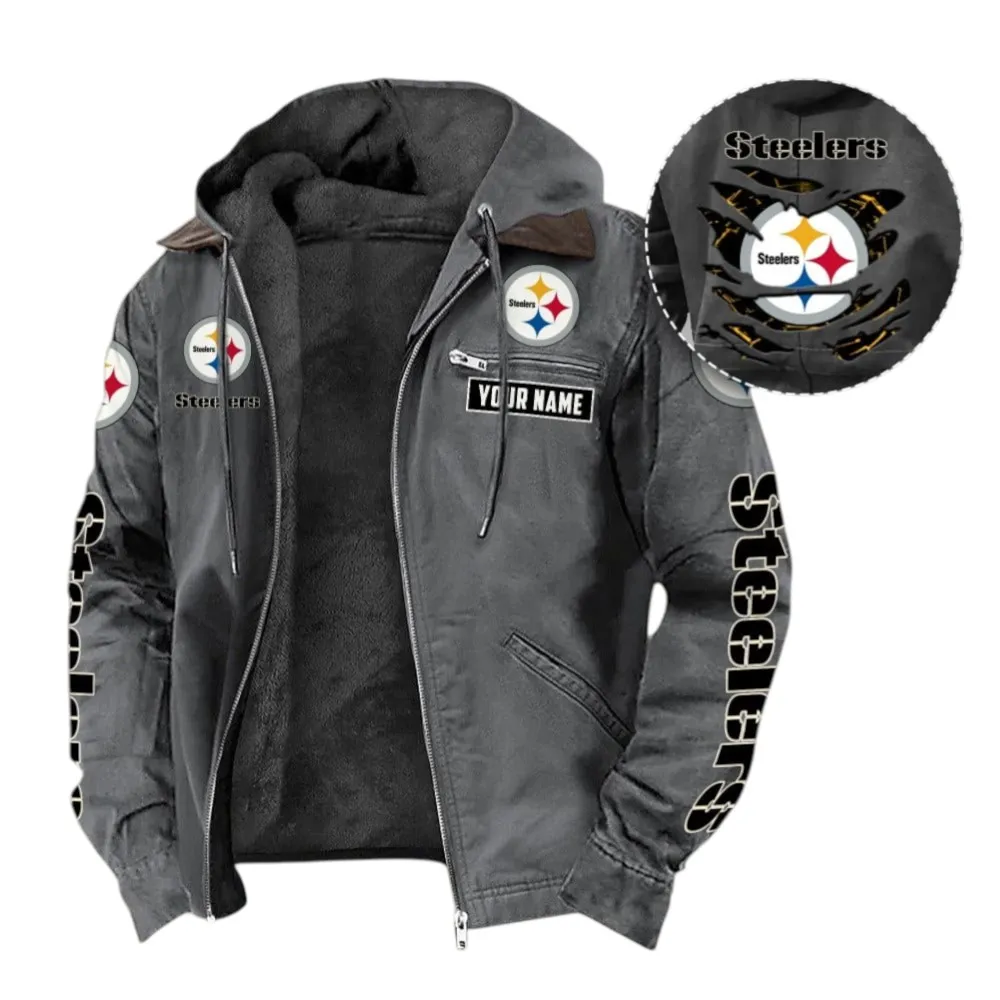 Football Steel Crew Hooded And Flannel Hoodie, Rugged Sport Flannel Hoodie NFL135 - Gray