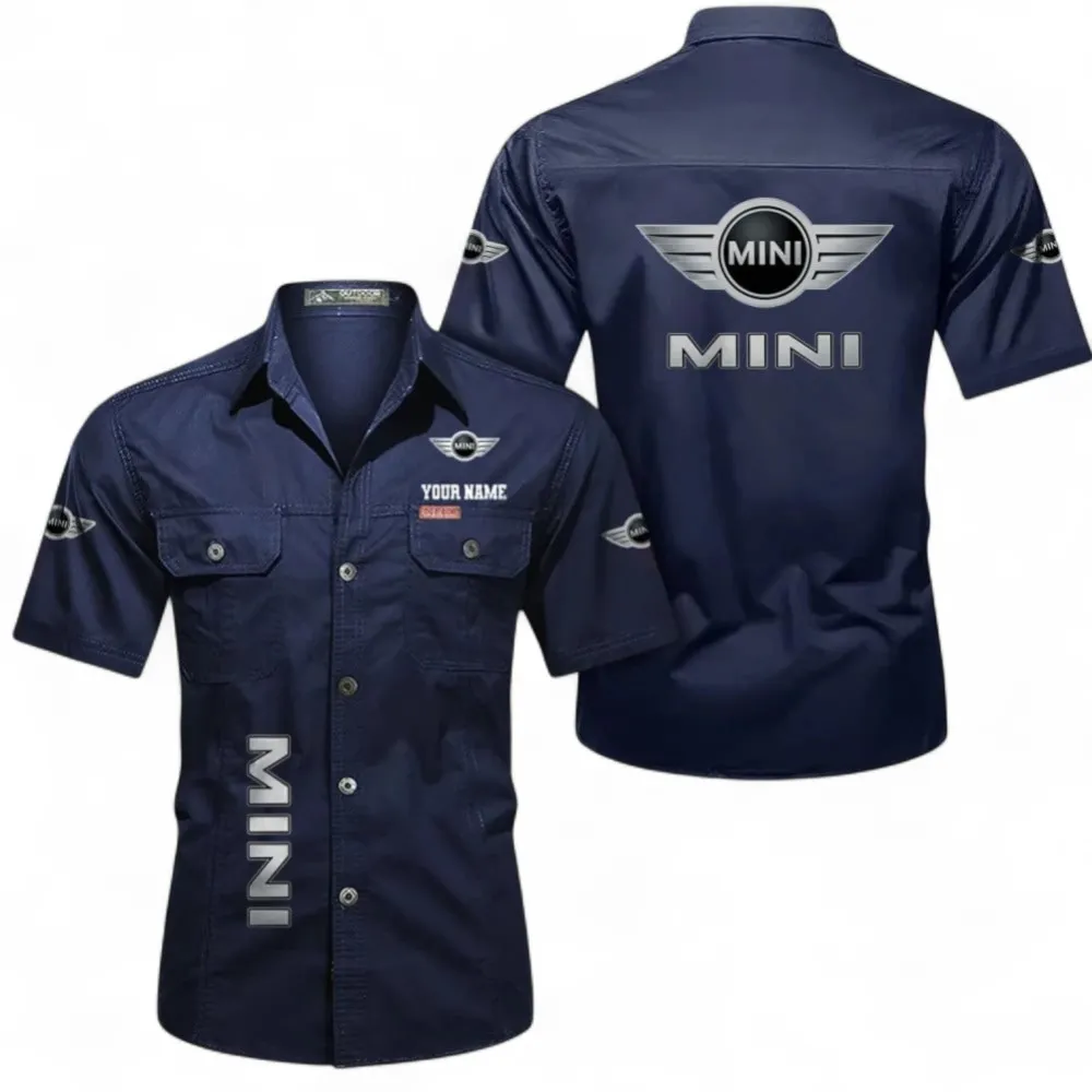 Fun Ride Car Men's Short Sleeve Button-Up Shirt, Custom Name CAR392 - Dark Blue