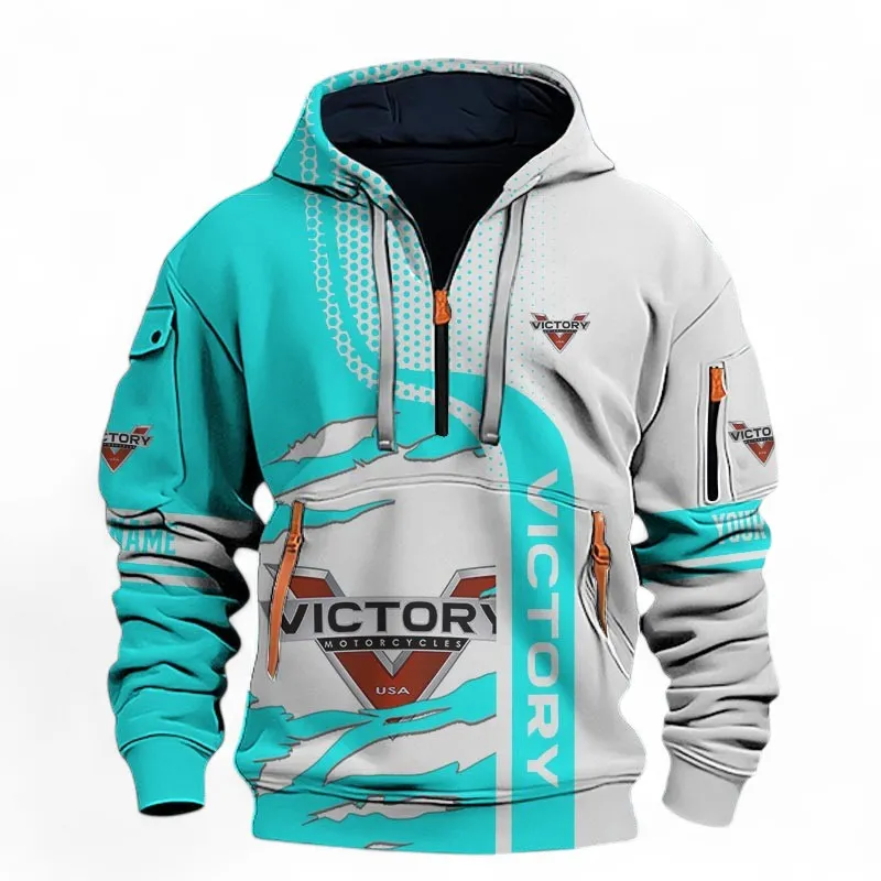 Heavyweight Motorcycle Hoodie Half Zip 3D, Sporty Everyday Wear Hoodie For Motor Lovers CAR398 - Cyan