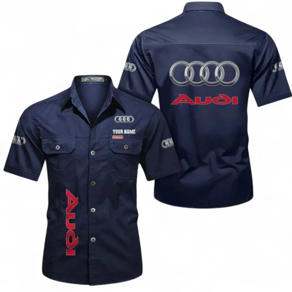 High-End Car Men's Short Sleeve Button-Up Shirt, Custom Name CAR392 - Dark Blue