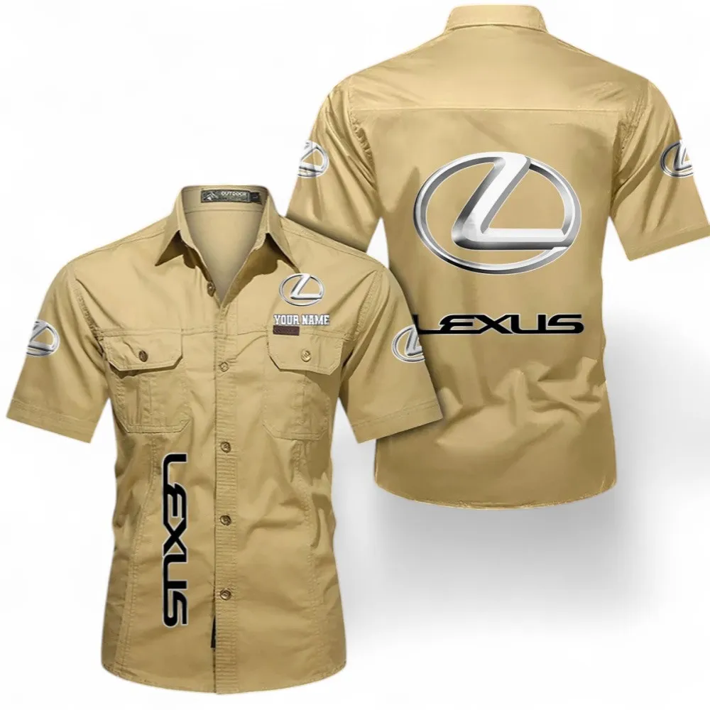High-End Coupe Men's Short Sleeve Cotton Button Shirt, Custom Name CAR392 - Khaki