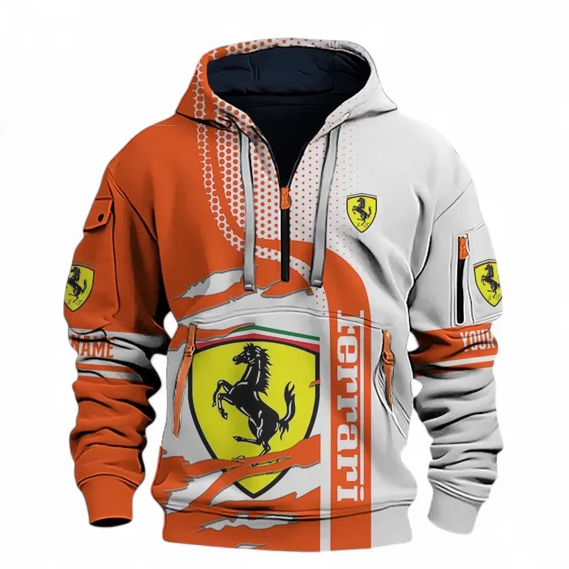 Italian Supercar Hoodie Half Zip 3D, Sporty Streetwear Hoodie For Car Lovers CAR396 - Orange