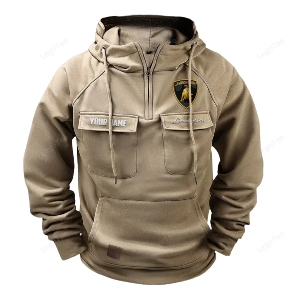 Two-Door Sports Coupe Tactical Quarter Zip Hoodie, Exclusive Logo Hoodie For Car Enthusiasts CAR109 - Khaki