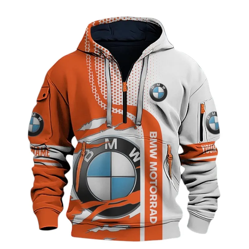 Long-Distance Touring Motorcycle Hoodie Half Zip 3D, Sporty Urban Comfort Hoodie For Motor Lovers CAR398 - Orange