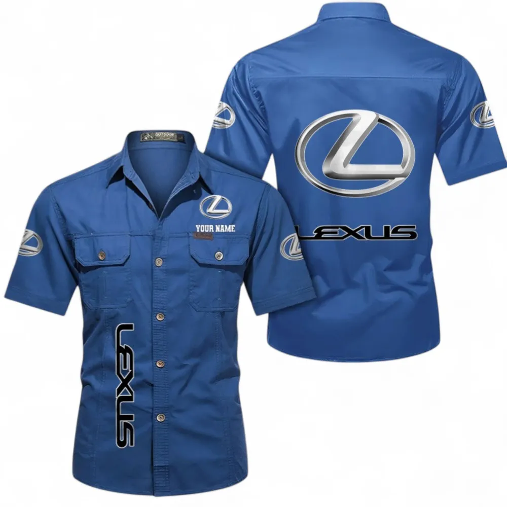 Luxury SUV Short Sleeve Cotton Shirt, Custom Name CAR392 - Cowboy Blue