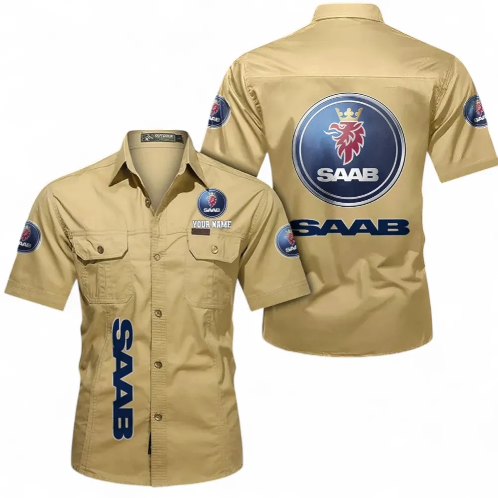 Minimalist Transparent Auto Men's Short Sleeve Cotton Button Shirt, Custom Name CAR392 - Khaki