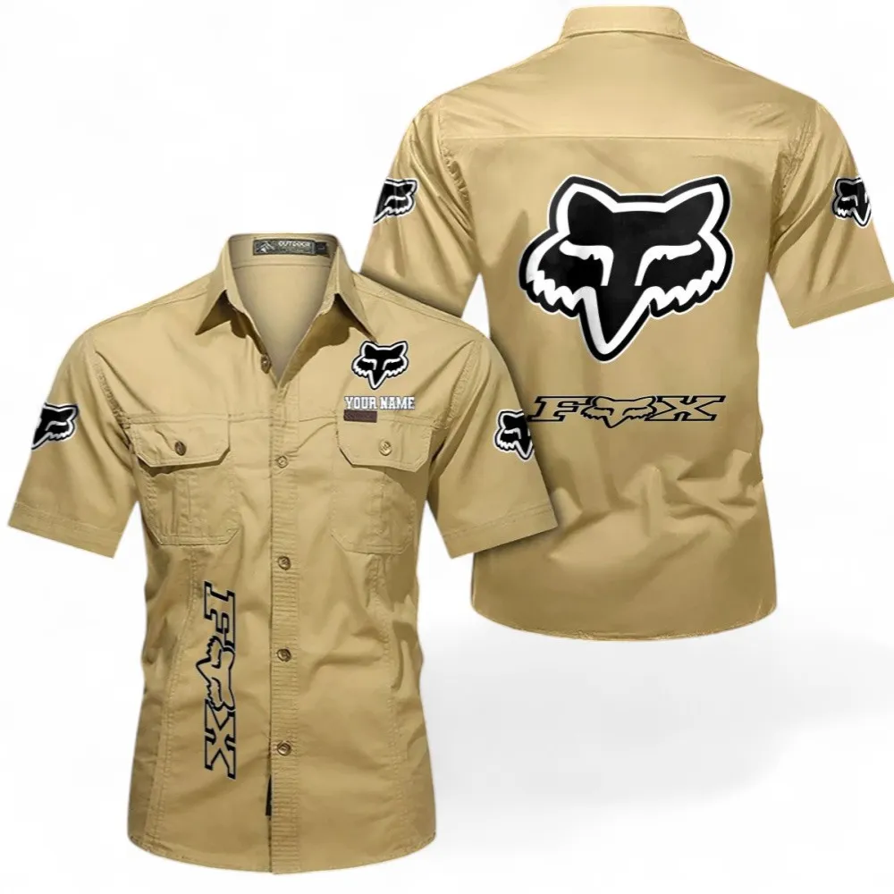 Motocross Gear Men's Short Sleeve Cotton Button Shirt, Custom Name CAR392 - Khaki