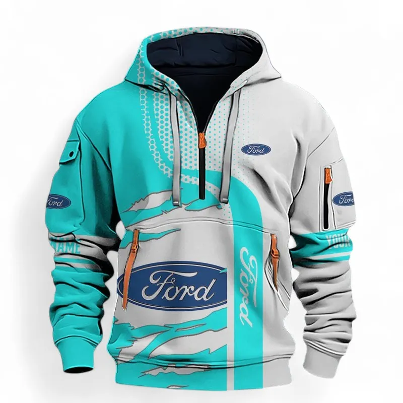 Muscle Car Hoodie Half Zip 3D, Sporty Urban Comfort Hoodie For Car Lovers CAR396 - Cyan