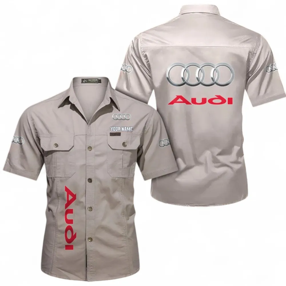 Performance Vehicle Classic Men's Short Sleeve Cotton Shirt, Custom Name CAR392 - Beige