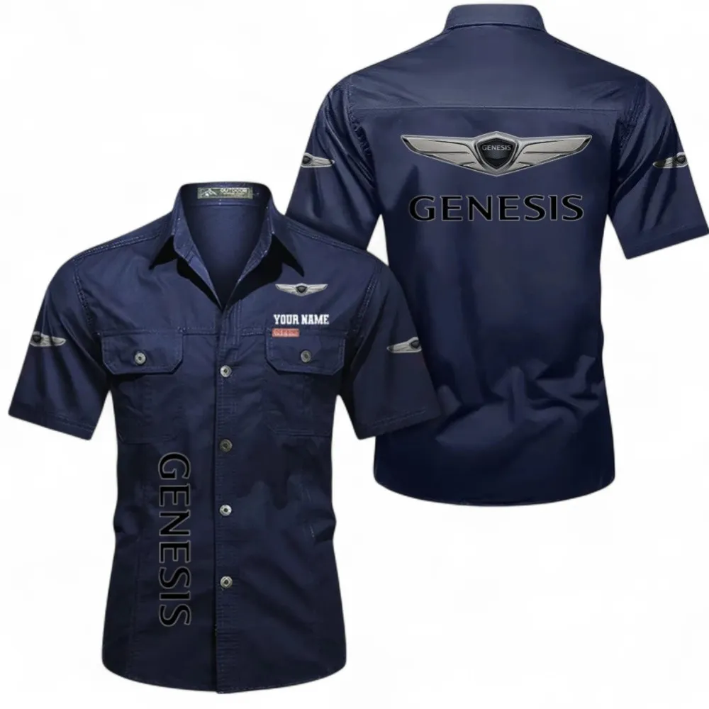 Performance Vehicle Men's Short Sleeve Button-Up Shirt, Custom Name CAR392 - Dark Blue