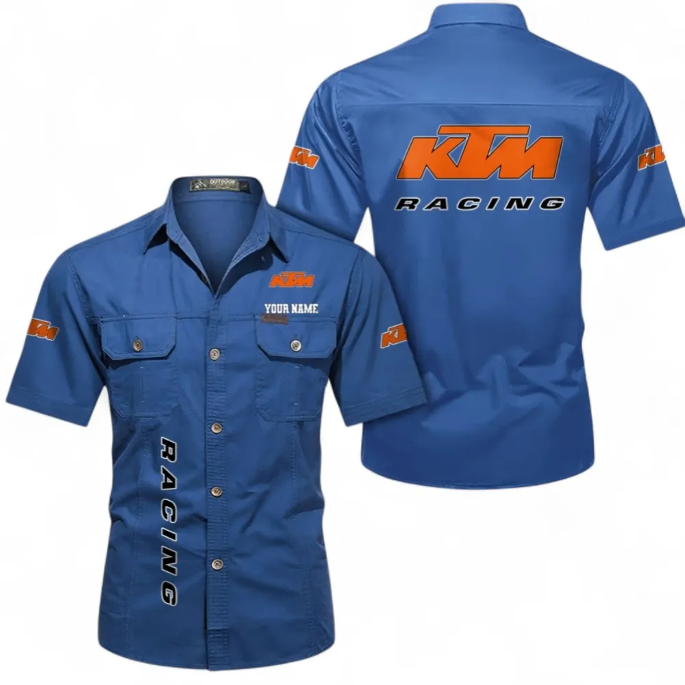 Rally Motorbike Short Sleeve Cotton Shirt, Custom Name CAR392 - Cowboy Blue