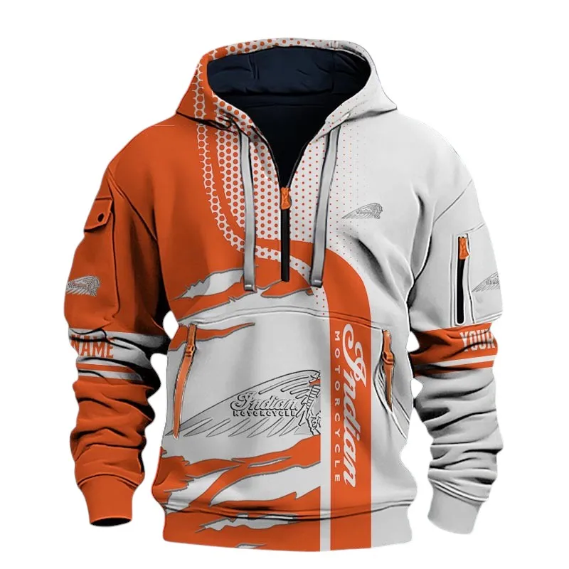 Retro Road Machine Hoodie Half Zip 3D, Adventure-Ready Hoodie For Motor Lovers CAR398 - Orange