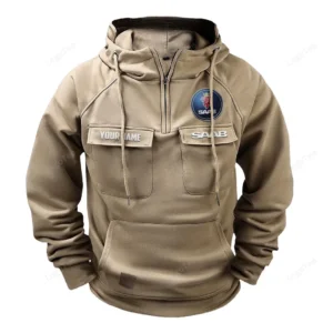 Turbocharged Hatchback Tactical Quarter Zip Hoodie, Exclusive Logo Hoodie For Car Enthusiasts CAR109 - Khaki