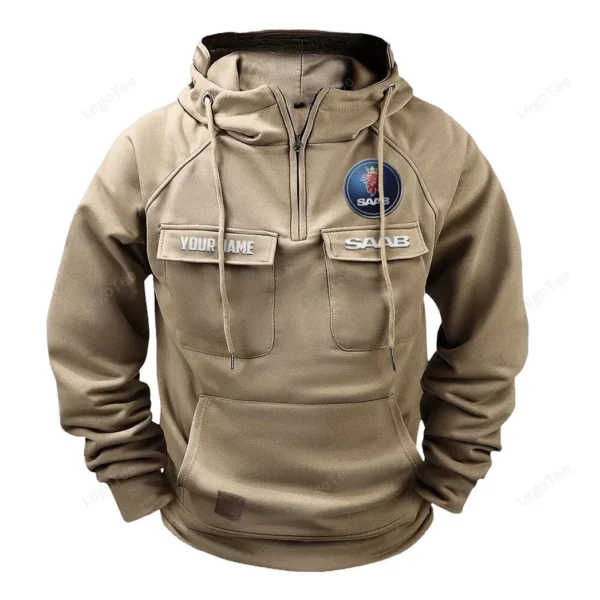 Turbocharged Hatchback Tactical Quarter Zip Hoodie, Exclusive Logo Hoodie For Car Enthusiasts CAR109 - Khaki