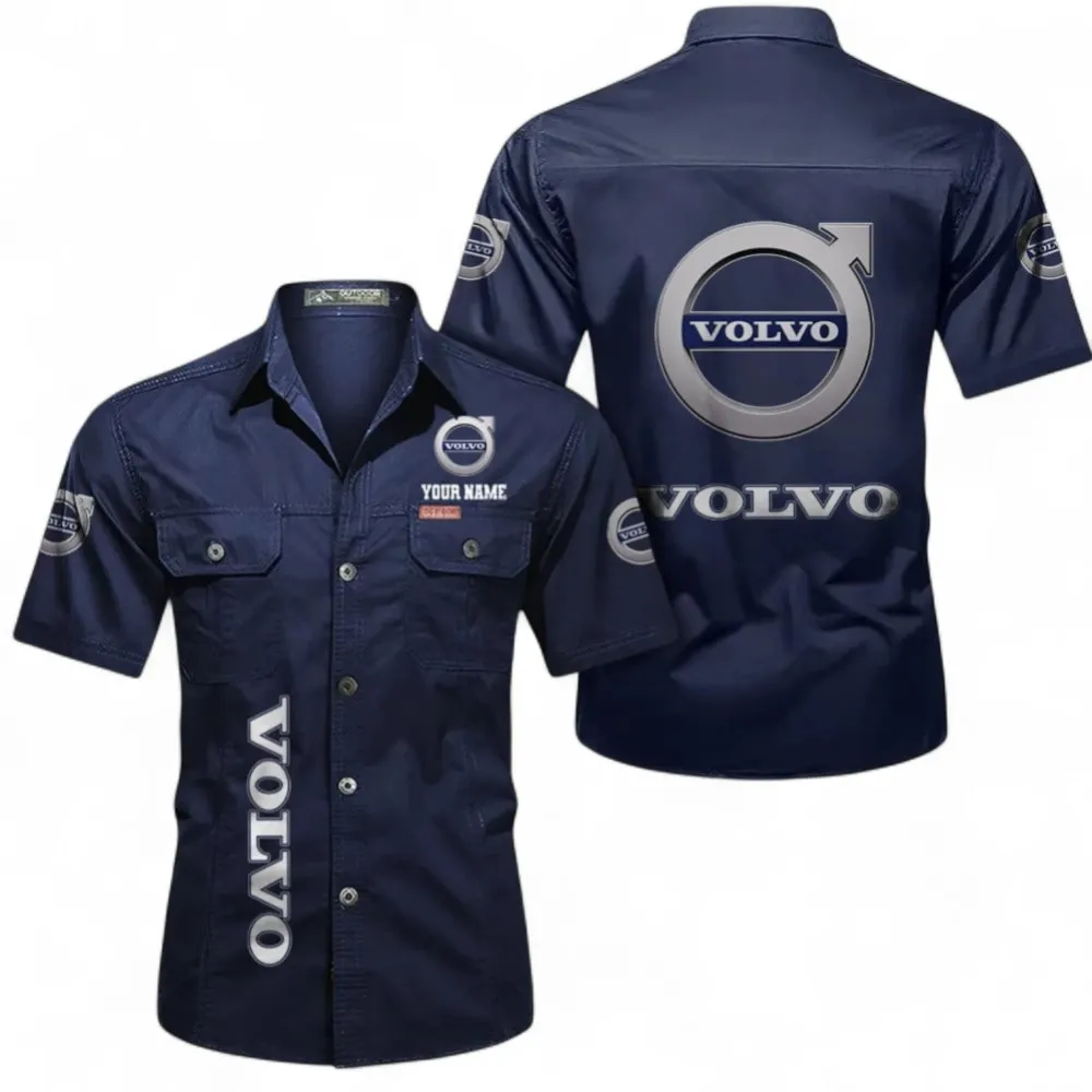 Safety-Focused Vehicle Brand Men's Short Sleeve Button-Up Shirt, Custom Name CAR392 - Dark Blue