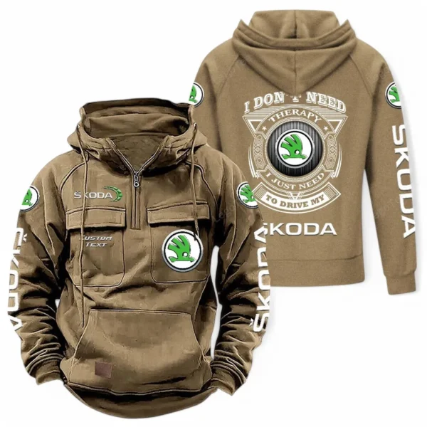 Czech Automobile Tactical Quarter Zip Hoodie, Exclusive Logo Hoodie For Car Enthusiasts CAR106 - Khaki