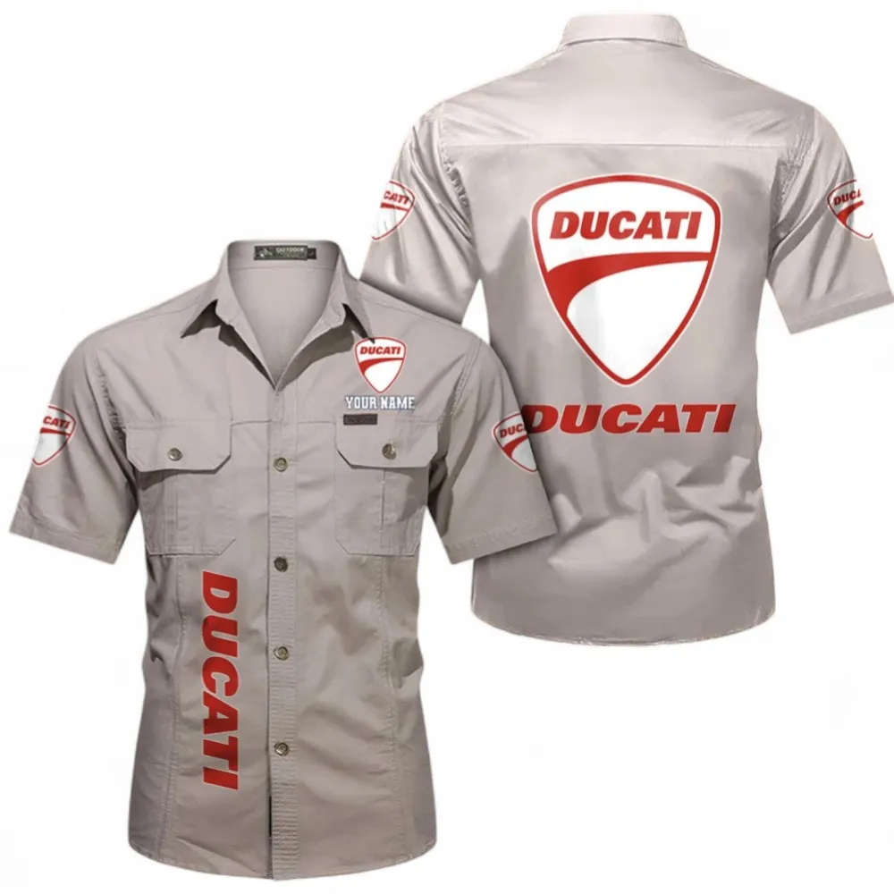 Sleek Superbike Classic Men's Short Sleeve Cotton Shirt, Custom Name CAR392 - Beige
