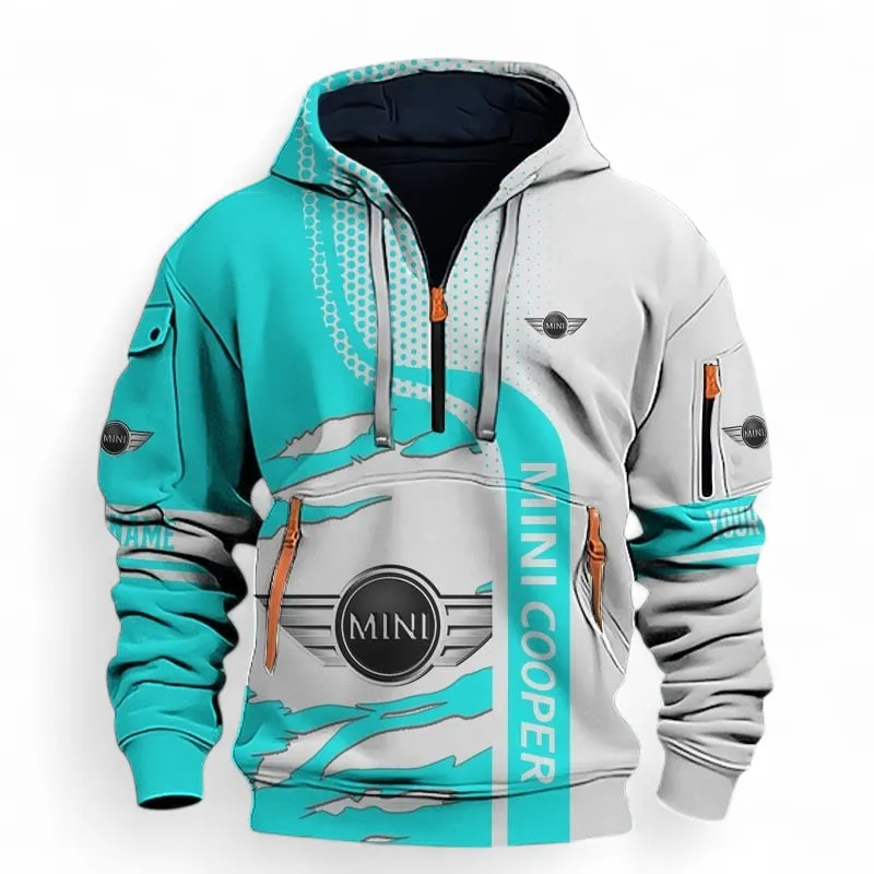 Small Crossover Hoodie Half Zip 3D, Sporty Urban Comfort Hoodie For Car Lovers CAR396 - Cyan