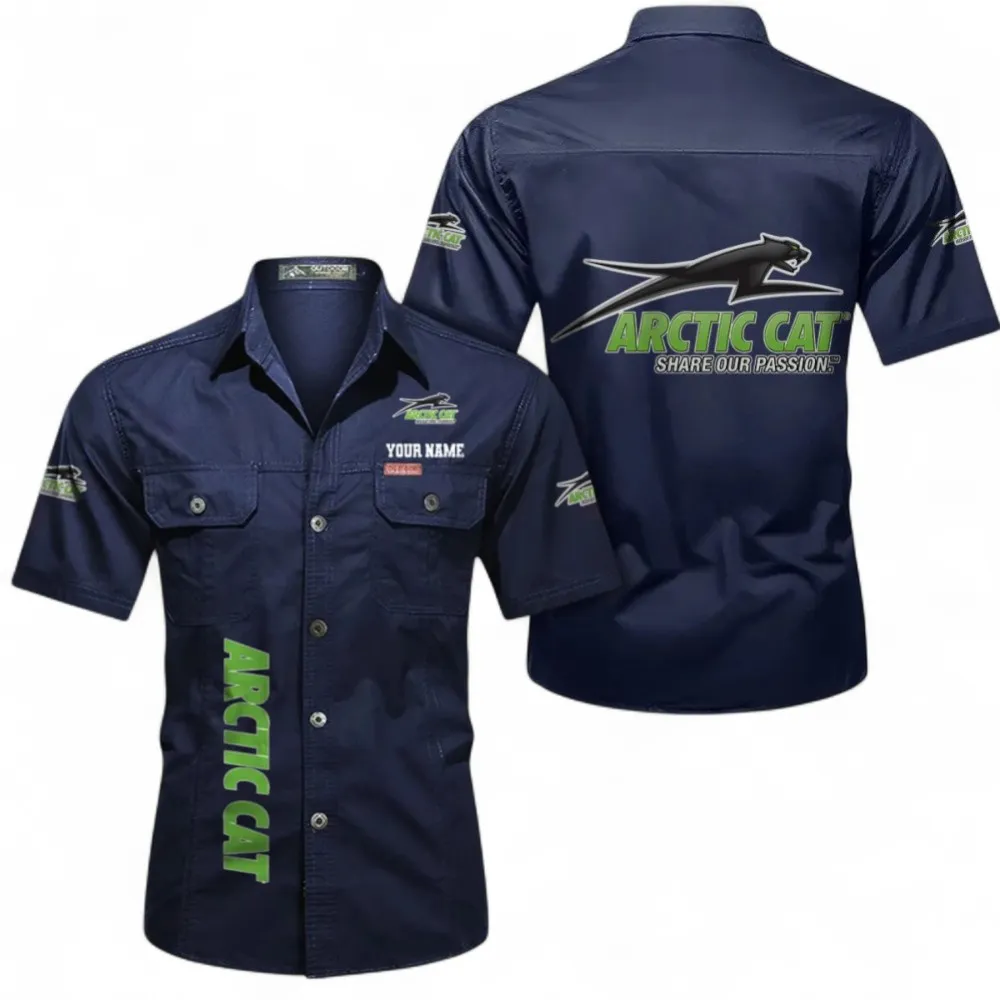 Snowmobile Brand Men's Short Sleeve Button-Up Shirt, Custom Name CAR392 - Dark Blue