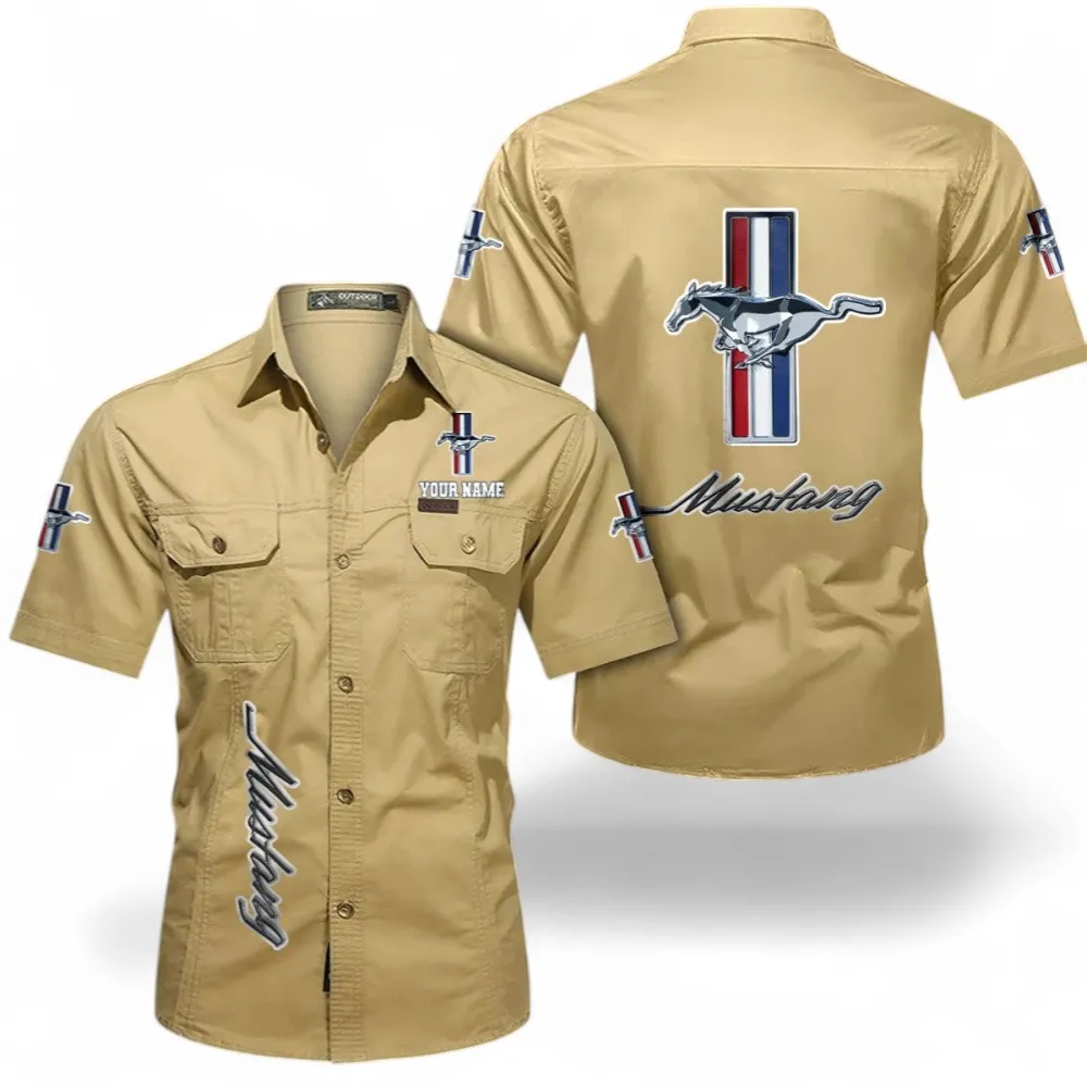Sports Car Men's Short Sleeve Cotton Button Shirt, Custom Name CAR392 - Khaki