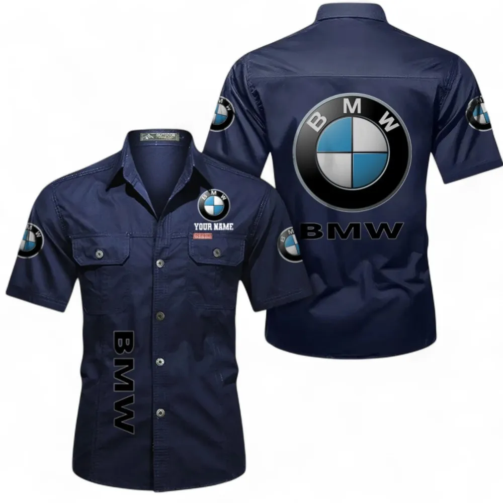 Sports Sedan Men's Short Sleeve Button-Up Shirt, Custom Name CAR392 - Dark Blue