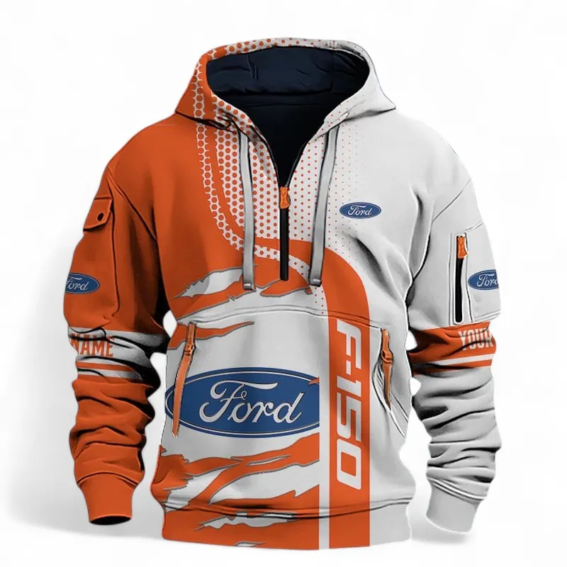 Street Car Hoodie Half Zip 3D, Sporty Streetwear Hoodie For Car Lovers CAR396 - Orange
